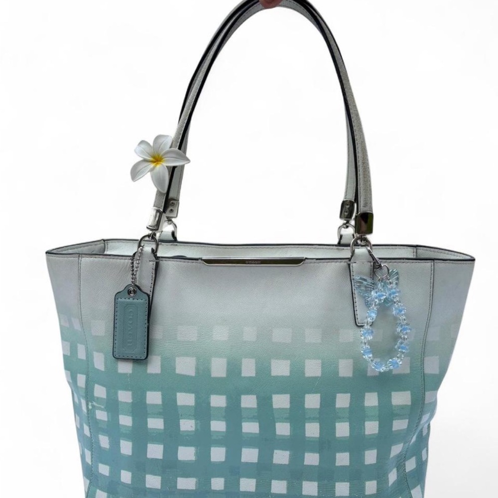 Coach Madison Ombré White and Aqua Blue Gingham large tote bag.